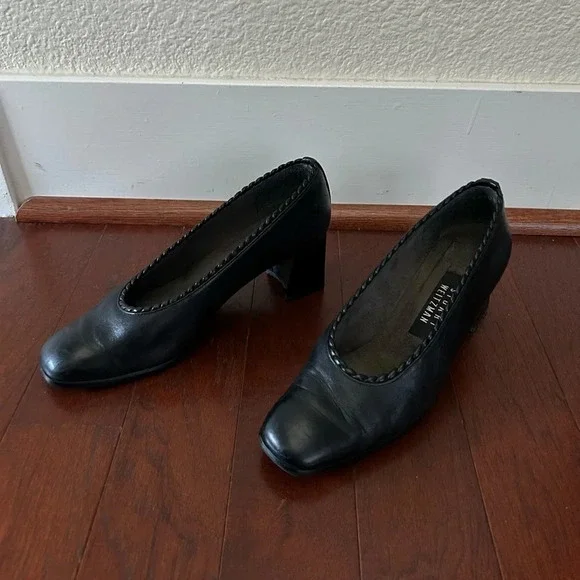Stuart Weitzman Leather Pumps Black Acetate Trim Square-toes block heels size 7 - Picture 6 of 10